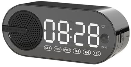 Happlignly Enceinte Bluetooth portable avec horloge numérique avec veilleuse colorée, double réveil, miroir, caisson de basses, noir, , facile à utiliser