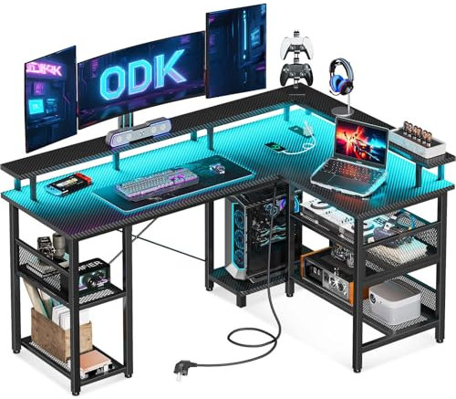 ODK L Shaped Gaming Desk with LED Lights & Power Outlets, 150×102cm Reversible Corner Desk with Storage Shelves, Computer Desks with Monitor Stand, Carbon Fiber Black