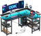 ODK L Shaped Gaming Desk with LED Lights & Power Outlets, 150×102cm Reversible Corner Desk with Storage Shelves, Computer Desks with Monitor Stand, Carbon Fiber Black