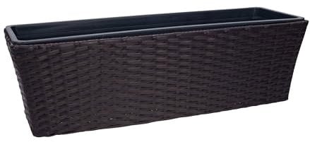 Balkonkasten mit Halterung in Rattan-Optik | ca. 60 cm | ca. 11 Liter Fassungsvolumen | ohne Wasserspeicher | inkl. Pflanzschale | hochwertiger Kunststoff | zum Hängen oder Hinstellen (1, braun)