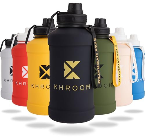 Khroom Edelstahl Trinkflasche 1,3L & 2,2L – Kohlensäure geeignet, auslaufsicher, spülmaschinenfest, einwandig, BPA-frei | Metall Trinkflasche | 2 Liter XXL Water Jug | Outdoor- & Sportflasche Schwarz