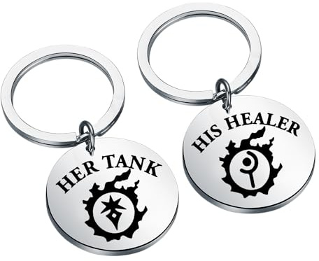 FAADBUK Porte-clés inspiré de FF14 - Cadeau idéal pour les amateurs de jeux vidéo FF14 Merch His Healer Her Tank pour joueur, porte-clés de réservoir de guérisseur, S