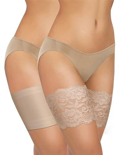 sesto senso 2 Paar Oberschenkelbänder Spitze und Glatt Sexy Elastische Anti-reibung mit 4 Silikonstreifen hautfarben Beige 60-65 M