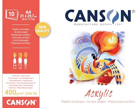 CANSON Acrylic - Bloc 10 feuilles de papier acrylique blanc grain toilé - A4-400g/m²