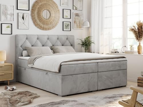 MKS MEBLE Boxspringbett 160x200 mit Matratze und Topper, Boxspringbett mit Bettkasten und Kopfteil- Alda - H4 Hellgrau Velvet