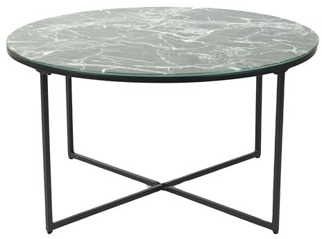 39F FURNITURE DREAM Modern Round Coffee Tables Green Marble Glass Top with Metal Legs Glass Sofa Side Table, Green, 80x80x43cm