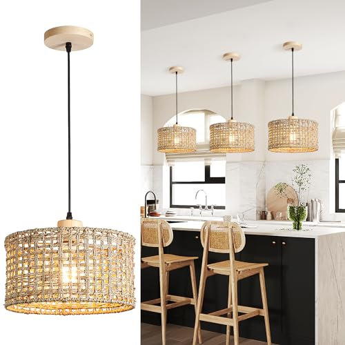 KZT Retro Boho Rattan Pendelleuchte Natürlich Bamboo und Holz E27 Hängeleuchte Handgewebte Bambus Lampenschirm Hängelampe Höhenverstellbar Pendellampe für Wohnzimmer Schlafzimmer Esszimmer Küche Flur