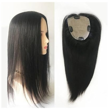 Topper para el cabello Postizo de pelo humano con base de piel de seda de 12 x 13 cm con 4 pinzas, postizo de pelo virgen europeo negro natural de 8 a 22 pulgadas for mujeres con pérdida de cabello o