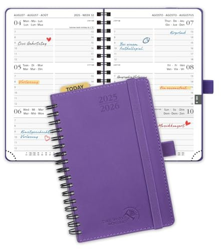 POPRUN Taschenkalender 2025 2026 Klein (Aug.2025-Dez.2026) Ringbuch mit Softcover, ca. A6 (16 x 10,5 cm), terminplaner 2025 2026 Klein 1 Woche 2 Seite mit Plastiklineal - Lila