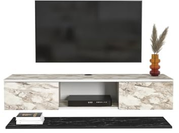 DECOROTIKA - Elia Floating Wall Mounted TV Stand with Included Wall Shelf Unit (Black and White Marble Effect)
