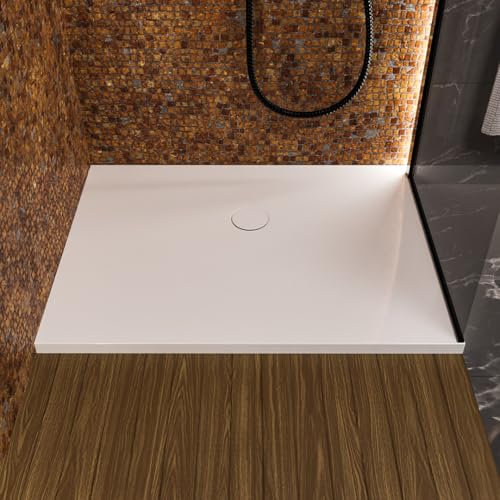 ECOLAM® Duschwanne 120x80 x 4 cm SKY | Design niedriege Duschtasse Rechteck | flache Brausewanne flach | Farbe: Weiß + Siphon