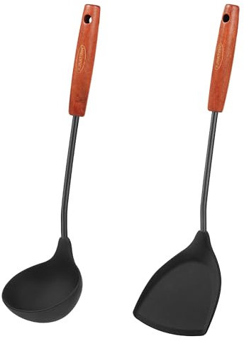 FJNATINH Pfannenwender Silikon Set für Küche, Silikon Heat Resistant Spatulas und Kochlöffel for Nonstick,mit BPA-frei,rostfreier Stahl und Holzgriff in einem Küchenhelfer,2 Stück