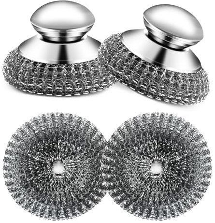 2Pack Stainless Steel Wool Scrubber with Handle, Scrubbing Scouring Brush Pads for Cleaning, Dish Scrubbers Tools for Can Clean Iron Pots, Stoves, Wash Sink