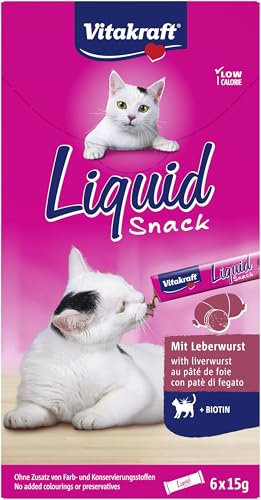 Vitakraft Liquid Snack, Katzen Leckerli, Katzensnack cremig, mit Leberwurst und Biotin, in einzelnen Sachets, für bessere Haut (1 Paket mit 6x 15g)
