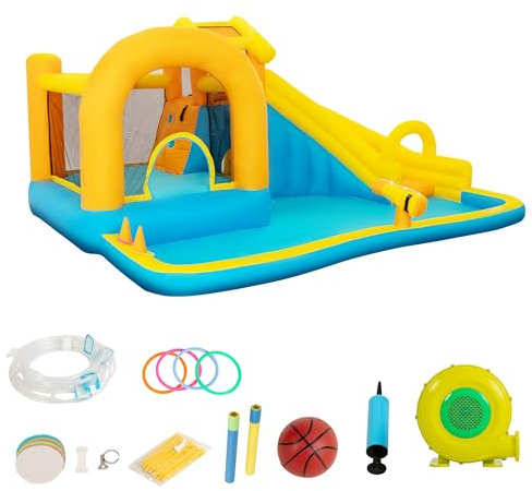 UEV 6 en 1 Château Gonflable pour Enfants XXL, avec Souffleur 450W, Zone de Saut, Toboggan, pour Max 4 Enfants de 3-8 Ans, Jusqu'à 180kg, 451 x 347 x 223cm