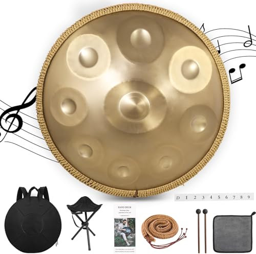 Derlvbak Handpan Instrument, 22 Zoll 9/10 Töne 440/432HZ Hand Pan Drum Steel Tongue Drum Zungentrommel für Yoga, Meditation mit Handtaschen Trommelstöcken, Trommelständer (9 Töne-440HZ)