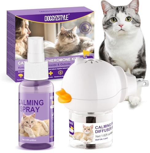 DOGGYZSTYLE Cat Calming Pheromone Diffuser and Spray,Katze Beruhigende Pheromon Diffusor und Spray,Stressabbau für Ihre Katze (1 Nachfüllpackung+1 Sprühflasche)