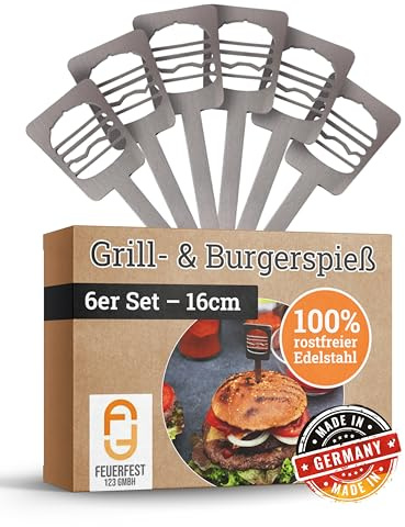 Feuerfest 123 Burger-Spieße mit Hamburger-Motiv I 6 Stück I 16 cm I Hochwertige Grillspieße aus rostfreiem Edelstahl I Stilvolle Metallspieße für Burger, Sandwiches, Gemüse & Fingerfood