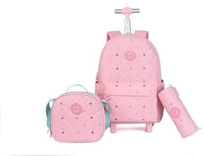 kingdisen Rollender Kinder-Rucksack für Grundgepäck, Schultrolley mit Lunchbox, 3-teiliges Set, Little Heart Pink, Large, Verspielt süß