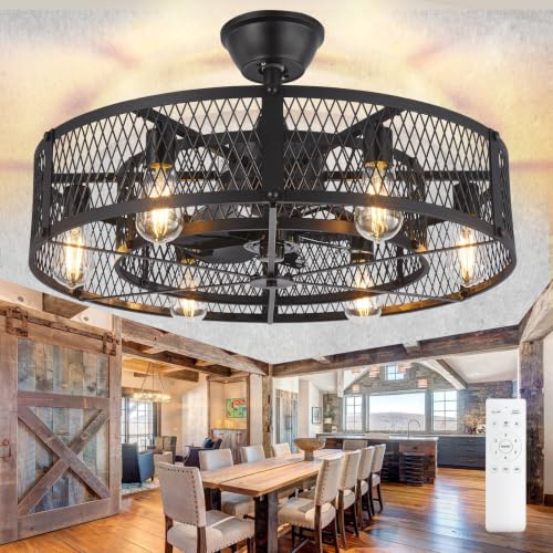 DINGLILIGHTING Ventilador de techo con jaula y luz: ventilador rústico de 26 pulgadas con luz y control remoto mediante móvil - Motor DC silencioso de color negro para dormitorio, cocina y salón