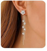 MUMREUES Boucles d Oreilles Femme Piercing Plaqué Argent 14K Boucles d'oreilles Chaîne à Fleur en Zircon et Perle Minimalistes Légères Boucles d Oreilles pour Femmes Cadeau pour Elle