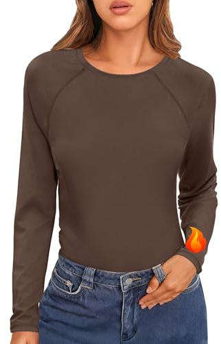 Crewhpo Womens Thermal Tops Long Sleeve Thermal Vest Round Neck Base Layer Underwear Shirts Stretch Fitted Thermal Undershirt Brown