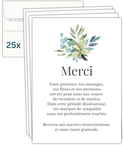 Milijou Lot de 25 Cartes + Enveloppes Cartes Remerciement Deuil - Condoléances Décès Obsèques Enterrement - Format Carte Postale - papier 350g - Design Sobre et Élégant