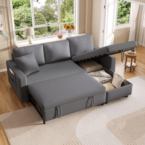 Merax Ecksofa mit Schlaffunktion, Praktisches Schlafsofa mit Bettkasten, L-Form Schlafcouch mit Stauraum und Seitentaschen, Moderne 3-Sitzer-Couch für Wohnzimmer und Schlafzimmer, Dunkelgrau