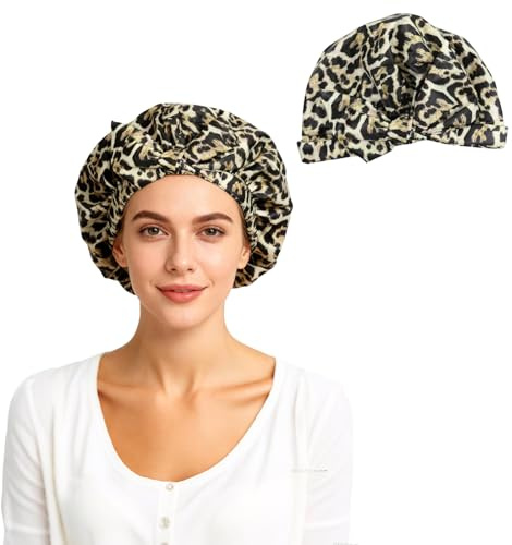 Shower Cap for Women, Waterproof Reusable Shower Cap with Leopard Print Design, Oxford Cloth Construction, Elasticated Shower Hat for Long, Short and Curly Hair Protection in Shower, Spa and Travel