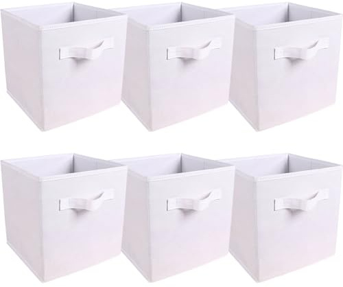 JaHECOME Set of 6 Fabric Storage Boxes White Foldable Cube Storage Bins Organizer Basket with Handles for Drawers Shelves in Bedroom, Nursery Office, Playroom (WHITE)