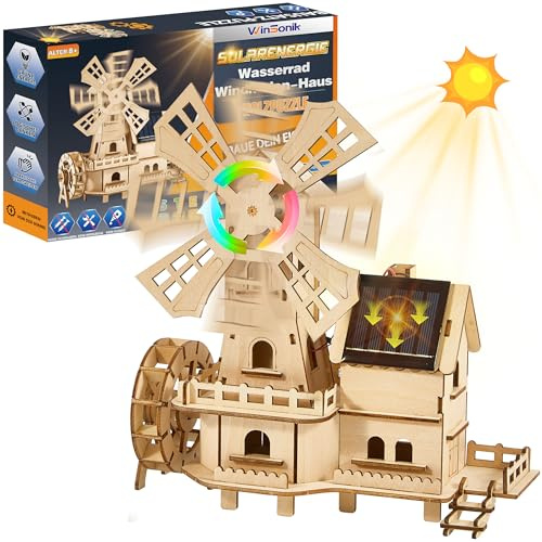 Solar‑betriebener 3D‑Holz‑Puzzle Bausatz,Werkzeugfreies DIY Building Kit,Holländisches Windmühlenhaus mit Wasserrad,Mint Experimente für Kinder ab 8-15 und Erwachsene,Aus Lindenholz,Sicher und Stabil