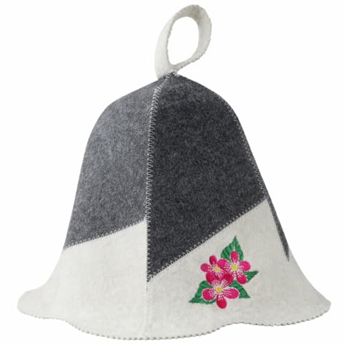 PRINZEPS Sauna Hut Damen Perfekte Saunamütze aus 100% Wollfilz - Filzhut Damen Weiß-Grau mit Blumen Stickerei - ideale Sauna Kopfbedeckung Saunahut - Geschenke für Saunagänger