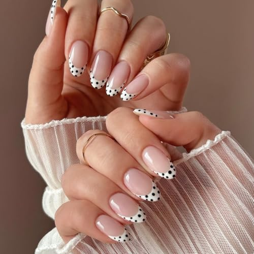 Ceboic 24Pcs French White False Nails Almond, Black Polka Dots Press on Nails Medium Length, Natural Acrylic Full Cover Fake Nails, Removable Artificial Stick on Nail for Women Girls Daily Wear