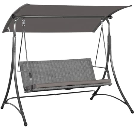 Angel Living Hollywoodschaukel Gartenschaukel Rattan 3-Sitzer mit Sonnendach und Sitzbezug170 x 110 x 157 cm (Grau)