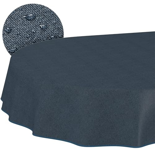 ANRO Tischdecke abwaschbar Dunkelblau Leinenoptik mit Saum oval 280x140 cm | mit Saum eingefasst – waschbar bei 30 °C – ideal für Garten, Terrasse & Esszimmer – Gartentischdecke wetterfest