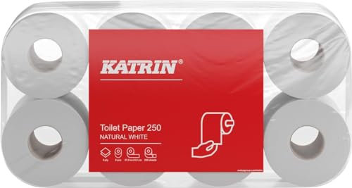 8 Rollen Toilettenpapier Katrin Basic Toilet 250, 2-lagiges Klopapier mit 250 Blatt | naturelles WC Papier, Klopapierrolle, Toilettenpapierrolle von Metsä Tissue