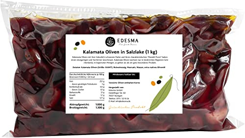 EDESMA Kalamata Oliven in Salzlake mit Rotweinessig, vakuumiert - 1 kg | Bräunlich-schwarze Mandelform mit einzigartigem Geschmack - Mit Meersalz & nativem Olivenöl - Griechische Spezialität