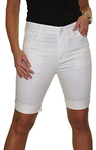 iceoolfashion Women's Stretch Chino Shorts - Ladies Mid Waist Jean Style Bermuda Slim Fit Shorts Turn Up Cuffs Summer White 10-20 (18)