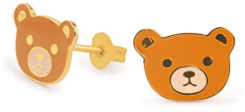 Monkimau Damen Ohrringe Bär Kopf Ohrstecker aus Messing Gold plattiert handbemalt