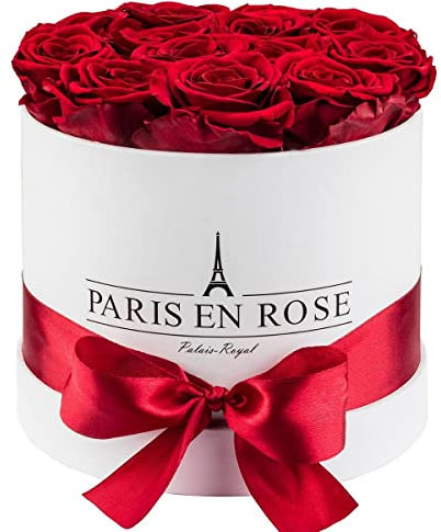 PARIS EN ROSE Rosenbox | mit 14 bordeaux-roten Infinity Rosen Größe XL | konservierte ewige Rose | weiße Box mit Schleife | 3 Jahre haltbar | Grußkarte