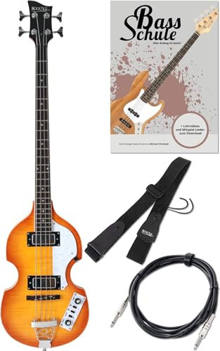 Rocktile VB-1 Sir Paul Vintage Beatbass Set - Hollow Body im Violinbass-Design Mit 2 Humbucker Pickups - Inkl. Gitarrengurt, Kabel & E-Bass Schule - Sunburst