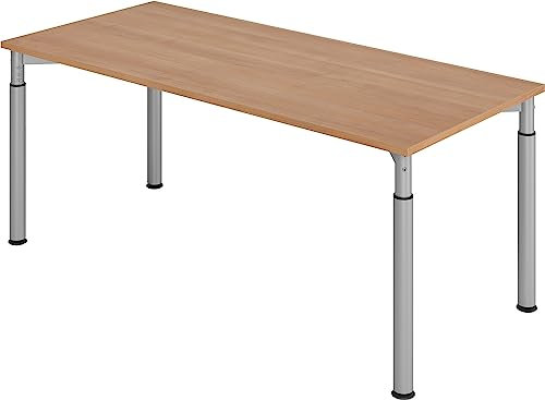 bümö höhenverstellbarer Schreibtisch 180x80 cm in Nussbaum, Gestell Silber - PC Tisch höhenverstellbar & groß, höhenverstellbarer Tisch Büro, großer Computertisch verstellbar, Y-Serie