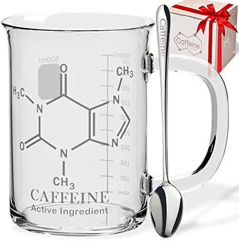 Caffeine Beaker Mug with Metal Spoon - Chemistry Mug - Borosilicate Glass Coffee Mugs with Handle and Measuring for Coffee/Latte/Tea - Caffeine Molecule Cup - Science Coffee Mug