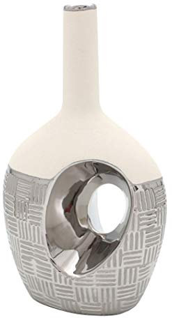 ***Edle Designer Keramik Vase oval mit Loch und langem Hals in Silber-rau weiß, ca. 18 x 11,5 x 31 cm.
