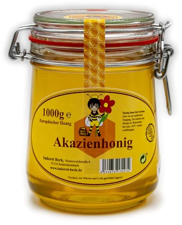 ImkereiBeck® - Echter Imkerhonig/Bienenhonig im 1kg / 1000g Honigtopf - Honig vom Imker aus Deutschland/Bayern im wiederverwendbarem hochwertigem Bügelglas (Akazienhonig)