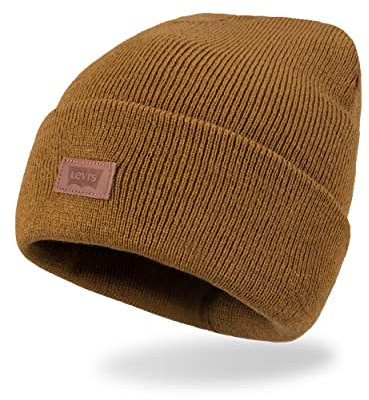 Levi's Unisex All Season Comfy Leather Logo Patch Cuffed Hero Beanie-Mütze, Braun, Einheitsgröße