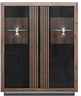 Forte Savona Vitrine 130 140 mit 2 Türen, Elegante Wohnzimmervitrine, Standvitrine, Holzwerkstoff in Schwarz/Edeleiche Holzdekor, Schwarz Hochglanz, 133 cm breit x 161,8 cm hoch x 42,3 cm tief