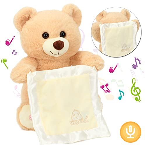 Hopearl Peek A Boo Bear - Ours en peluche interactif - Avec couverture de sécurité - Répète ce que vous dites - Adorable jouet musical chantant et parlant - Adorable animation électrique - Beige - 28