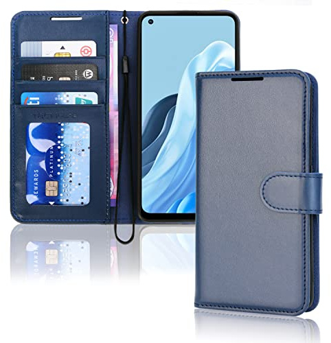 TECHGEAR Leather Wallet Case for Oppo Reno 7, Flip Protective Case Cover with Wallet Card Holder, Stand & Wrist Strap - Blue PU Leather with Magnetic Closure for Oppo Reno 7 4G