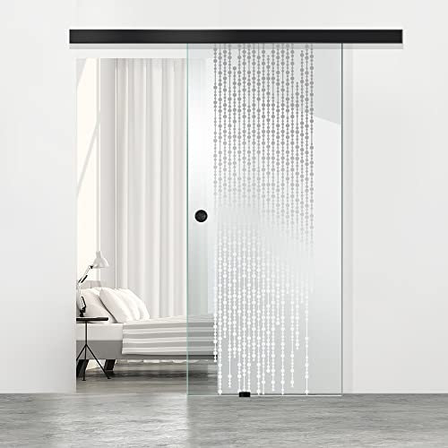 BOSS Black Puerta corredera del vidrio modelo RAIN 85x215 cm (60/85/95 cm) Vidrio Transparente de 8 mm, patron arenado nanotratamiento Incoloro, kit completo de herrajes (85x215 cm, DERECHA)